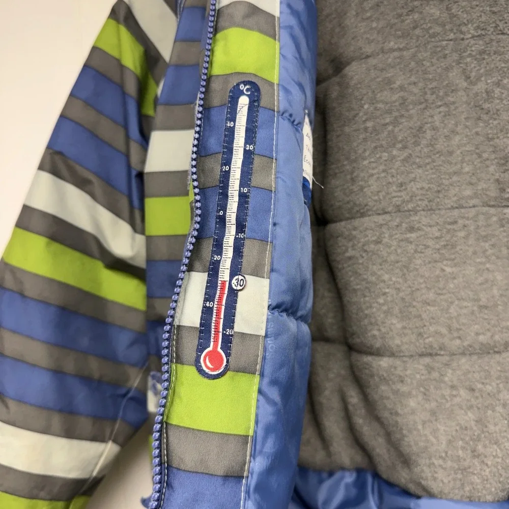 Souris Mini Boys Striped Hooded Winter Coat Blue Green Grey Fleece Lined Size 8